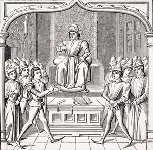 Het Gerechtelijk Duel - De Eiser Opent Zijn Zaak Voor een Rechter, naar een miniatuur in het 15e-eeuwse manuscript 